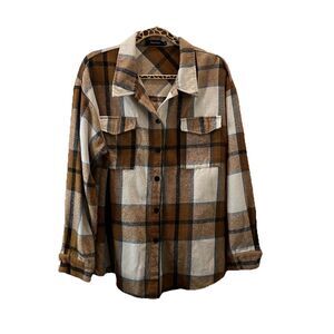 AUTOMET Apricot Plaid Flannel Shirt Jacket Shacket Brown White XL Womens